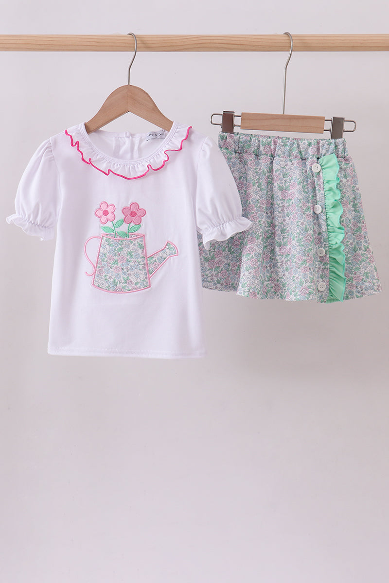 Floral applique ruffle skort set - Cloudling Kids Clothing