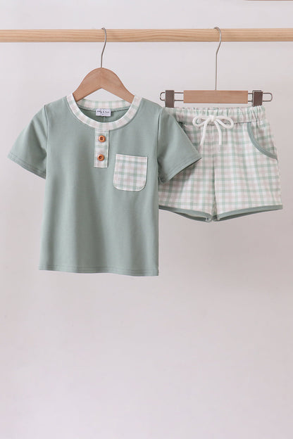 Sage plaid shorts set - Cloudling Kids Clothing