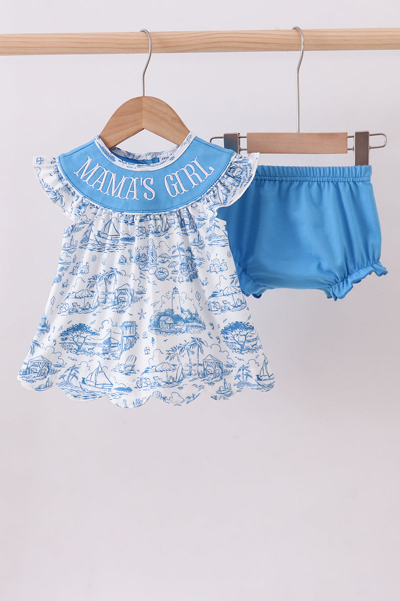 Blue mama's girl embroidery ruffle bloomer set - Cloudling Kids Clothing