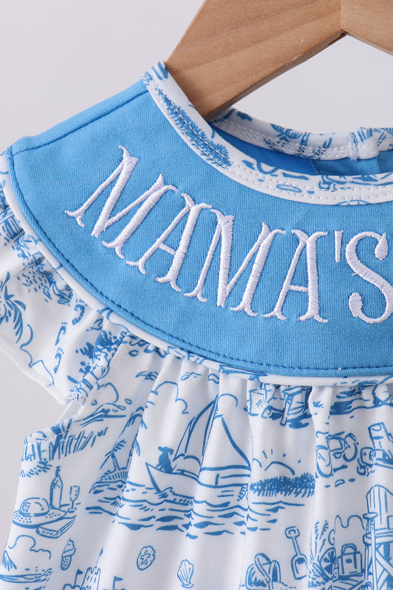 Blue mama's girl embroidery ruffle bloomer set - Cloudling Kids Clothing