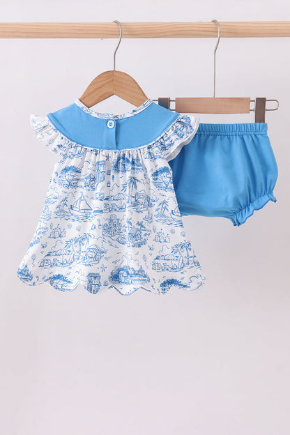 Blue mama's girl embroidery ruffle bloomer set - Cloudling Kids Clothing