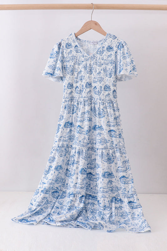 Blue beach sea smocked women dress - Cloudling Kids Clothing