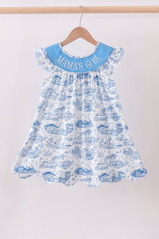 Blue mama's girl embroidery ruffle dress - Cloudling Kids Clothing