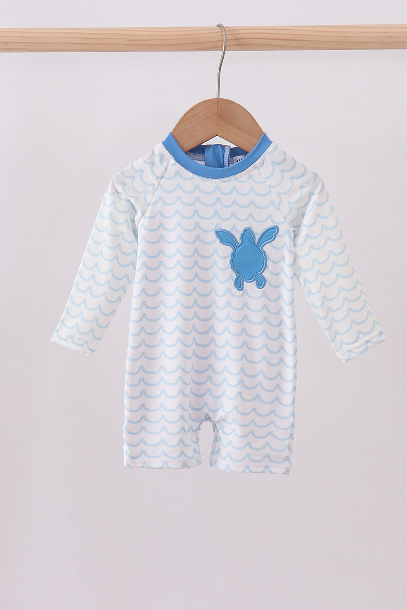 Blue beach sea turtle applique one-piece swimsuit - Cloudling Kids Clothing