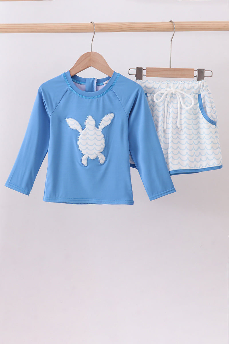 Blue beach sea turtle applique swimsuit set - Cloudling Kids Clothing