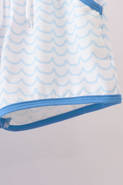 Blue beach sea turtle applique swimsuit set - Cloudling Kids Clothing