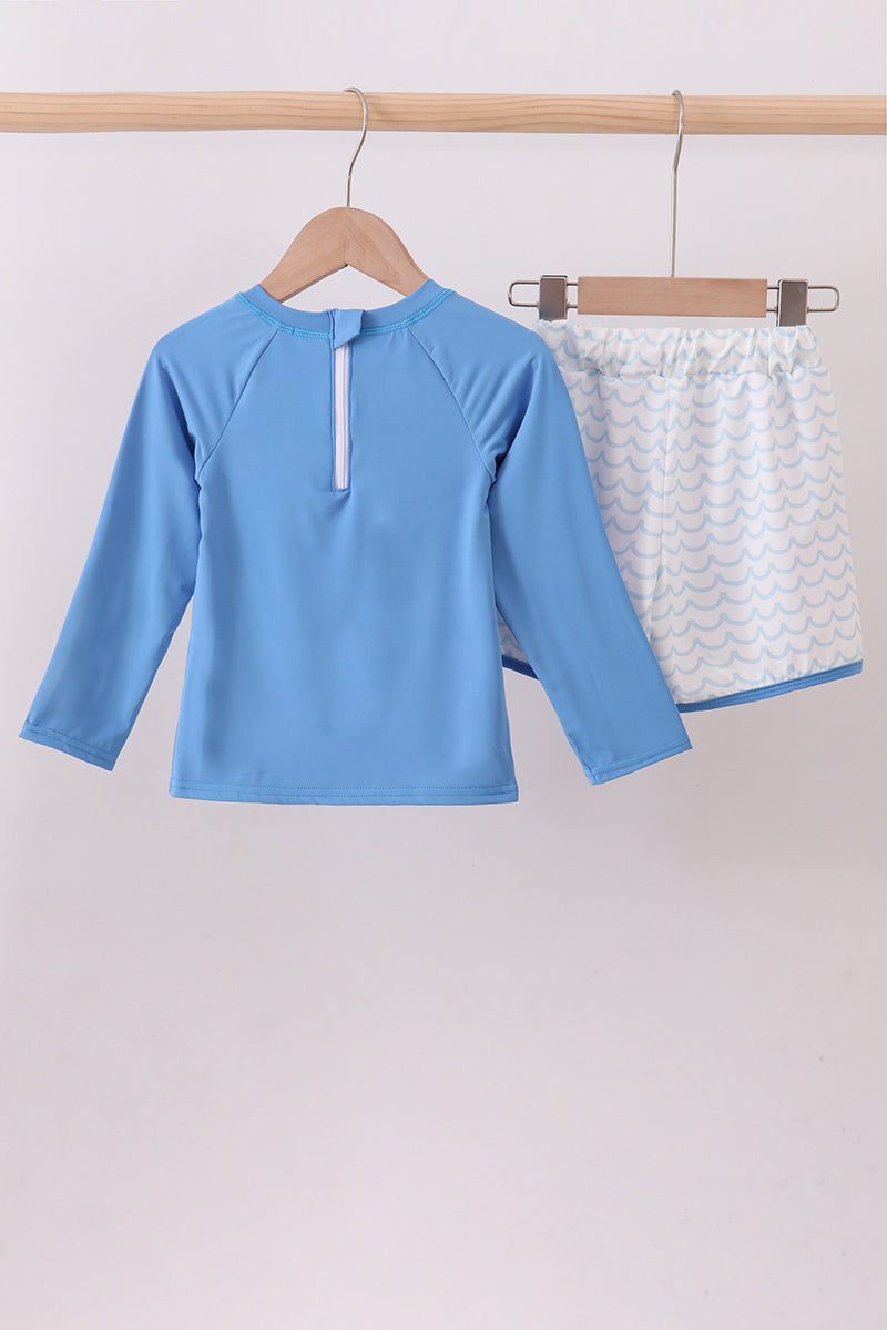 Blue beach sea turtle applique swimsuit set - Cloudling Kids Clothing