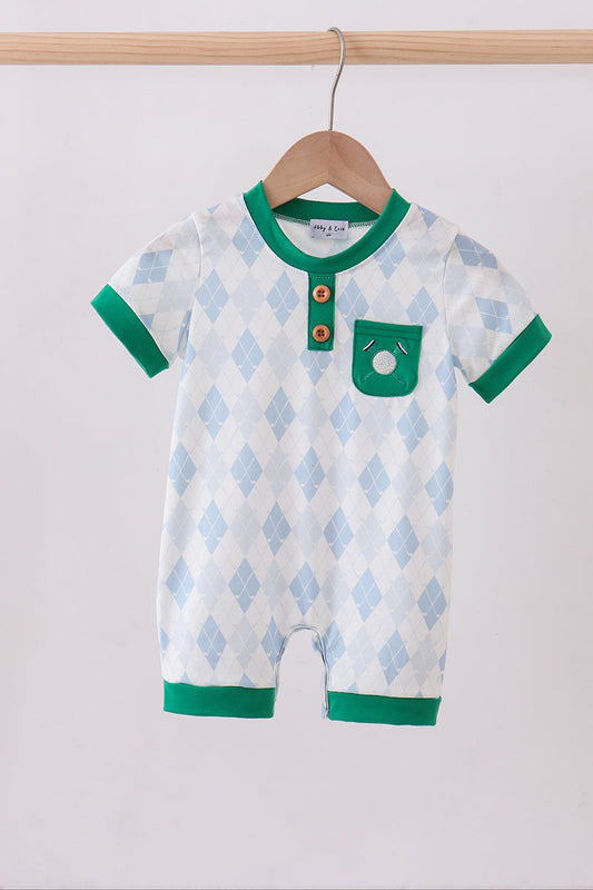 Green golf embroidery pocket romper - Cloudling Kids Clothing