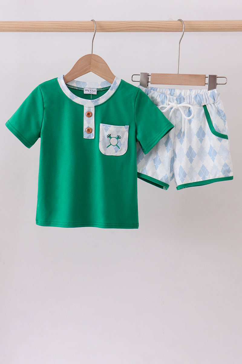 Green golf embroidery shorts set - Cloudling Kids Clothing