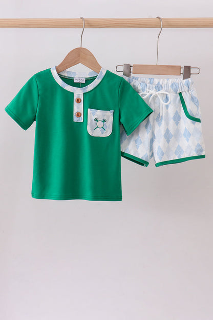 Green golf embroidery shorts set - Cloudling Kids Clothing