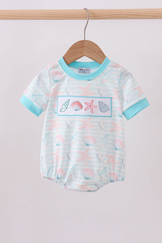 Blue shell starfish embroidery bubble - Cloudling Kids Clothing
