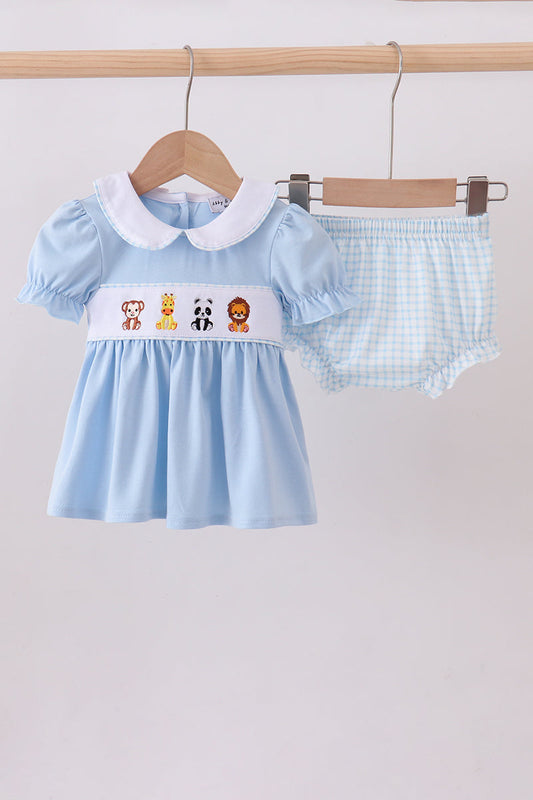 Blue zoo animal embroidery gingham puff sleeve bloomer set - Cloudling Kids Clothing