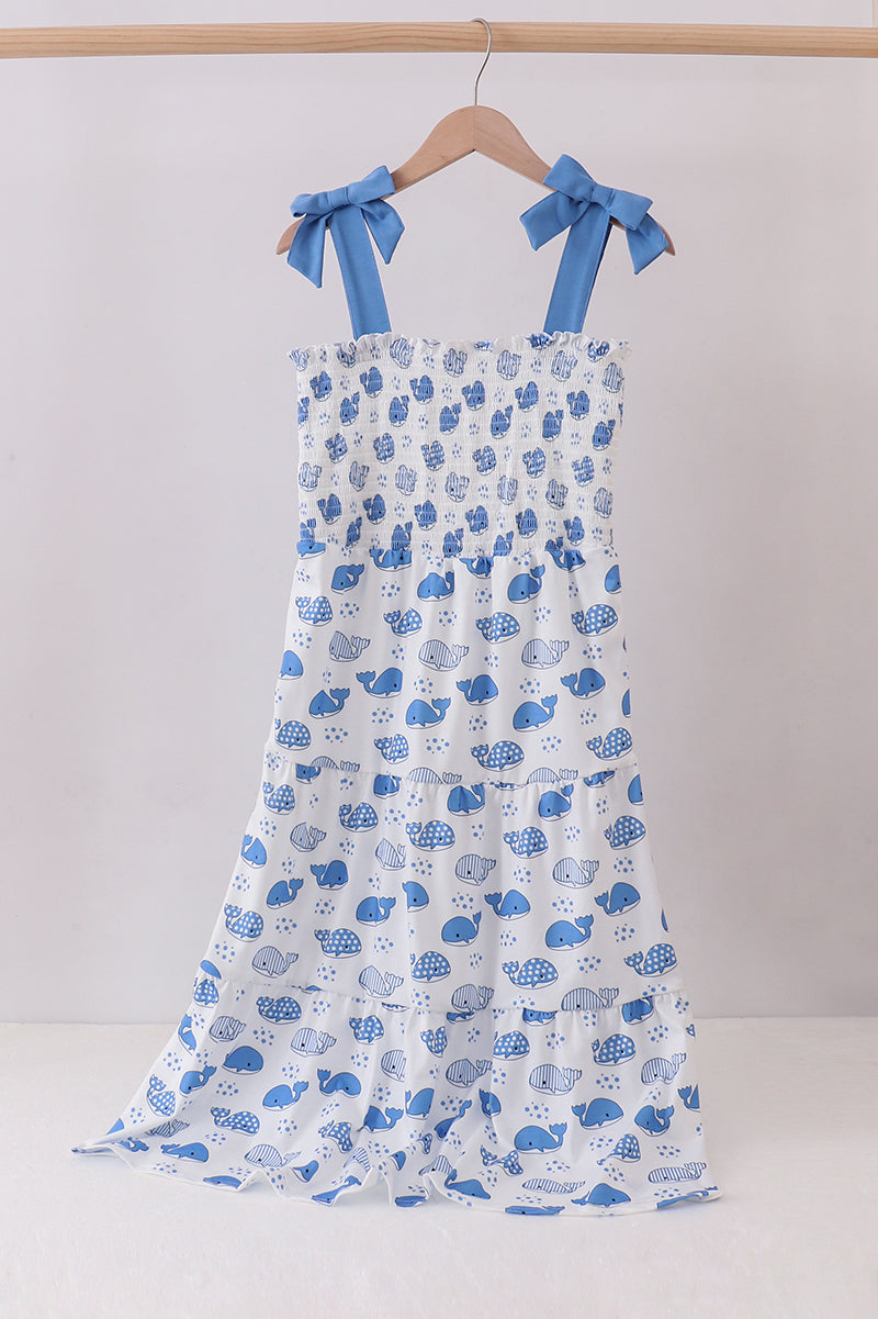Blue whale smocked ruffle mom&me dress - Cloudling Kids Clothing