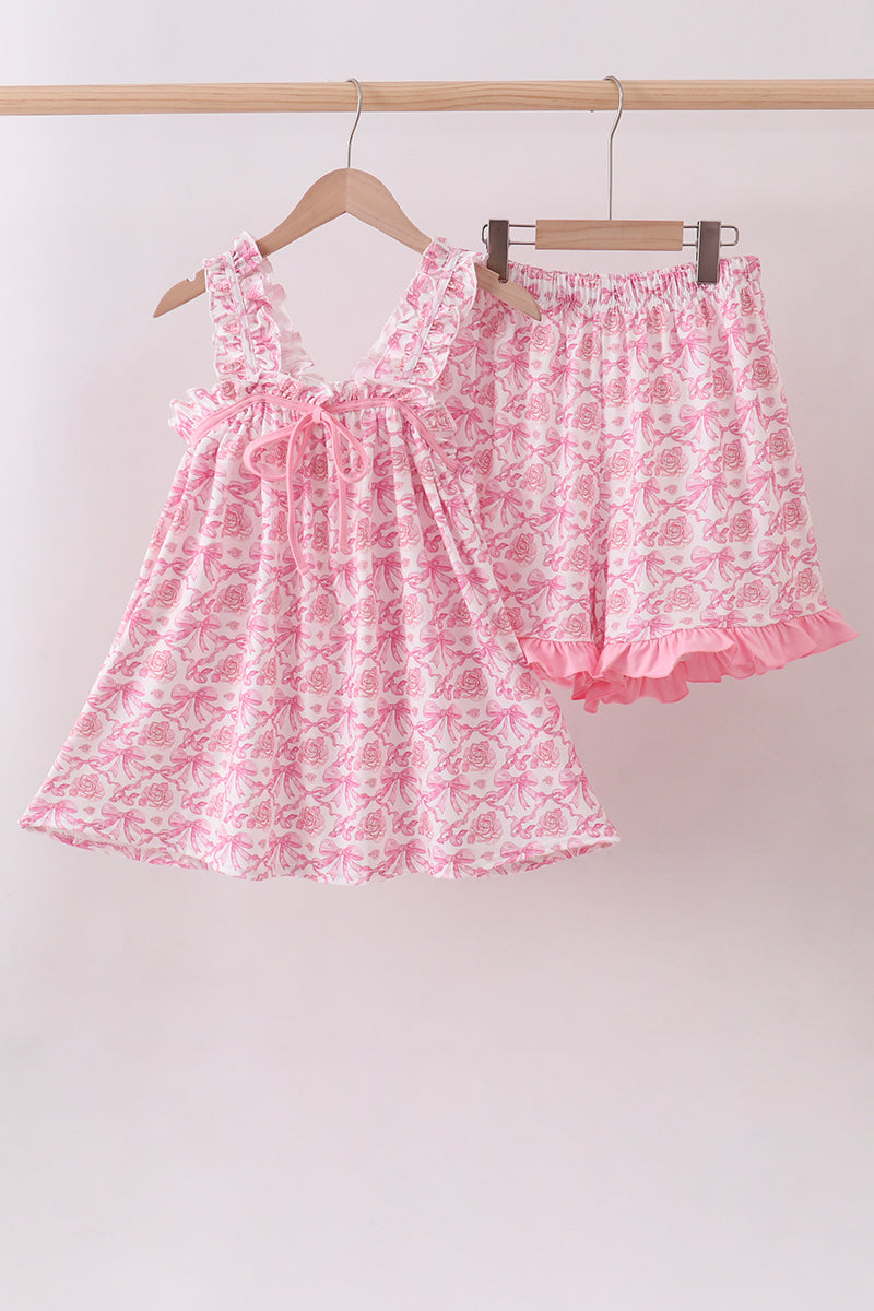 Pink floral print bow ruffle shorts set - Cloudling Kids Clothing