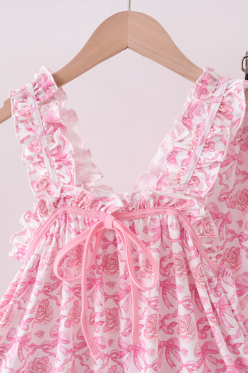 Pink floral print bow ruffle shorts set - Cloudling Kids Clothing