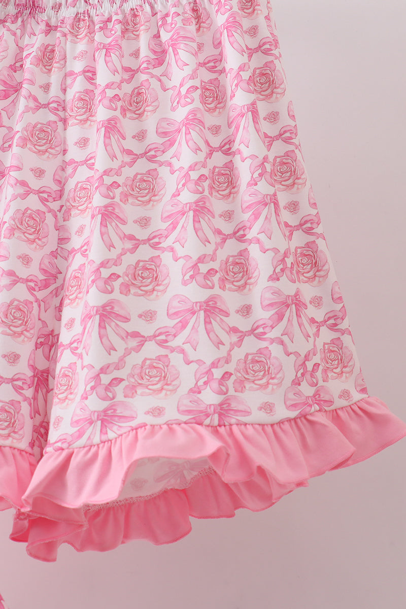Pink floral print bow ruffle shorts set - Cloudling Kids Clothing