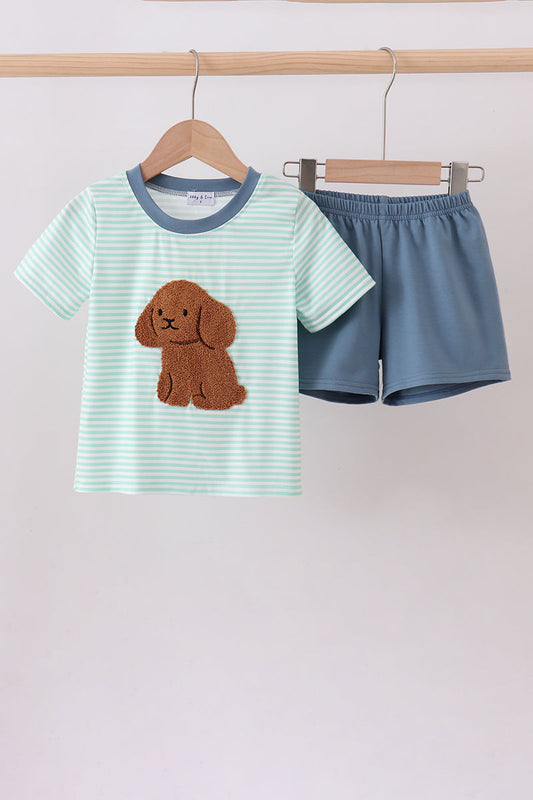 Green stripe puppy french knot shorts set - Cloudling Kids Clothing