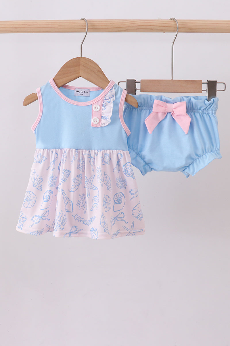 Blue shell starfish print bow bloomer set - Cloudling Kids Clothing