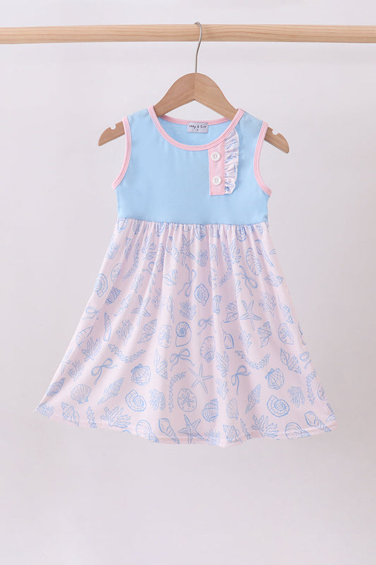 Blue shell starfish print ruffle dress - Cloudling Kids Clothing