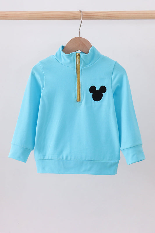 Blue character embroidery zip pullover - Cloudling Kids Clothing