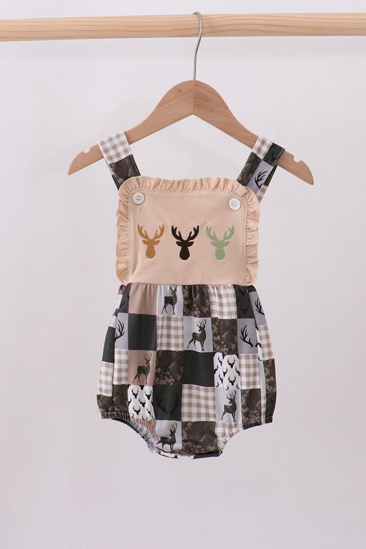 Green hunting deer embroidery checkered ruffle bubble - Cloudling Kids Clothing