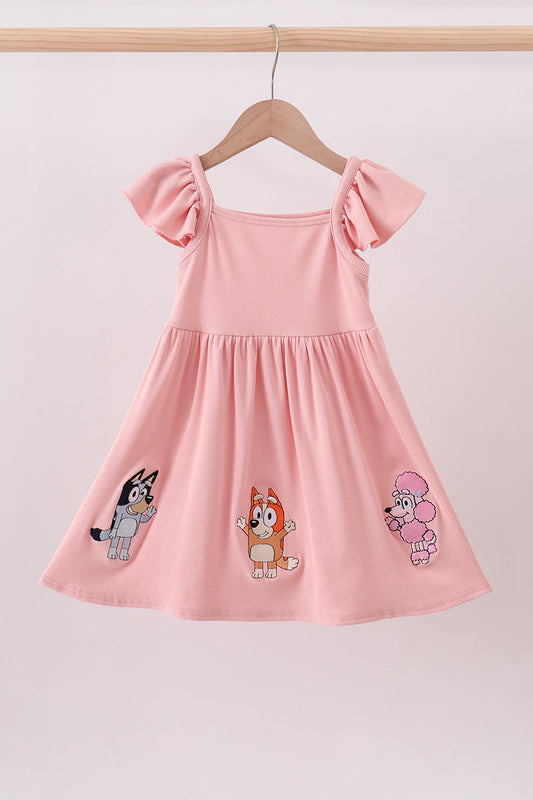 Pink character embroidery flutter sleeve dress - Cloudling Kids Clothing