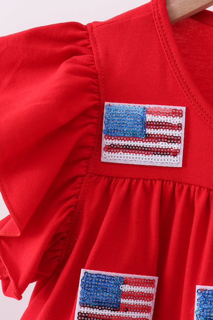 Red flag sequin tiered ruffle dress