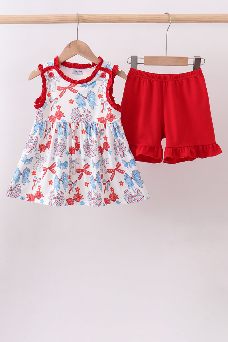 Red bow print ruffle shorts set