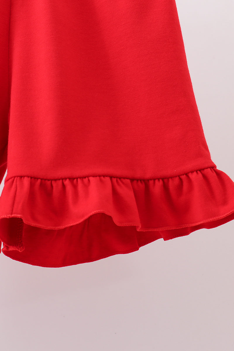 Red bow print ruffle shorts set