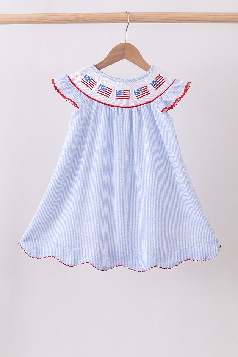 Blue seersucker flag smocked ruffle dress