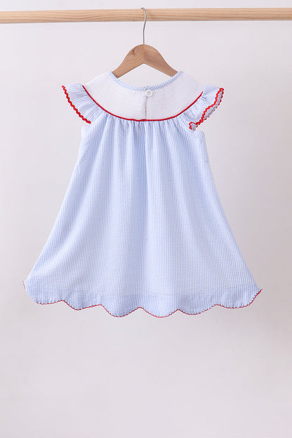 Blue seersucker flag smocked ruffle dress