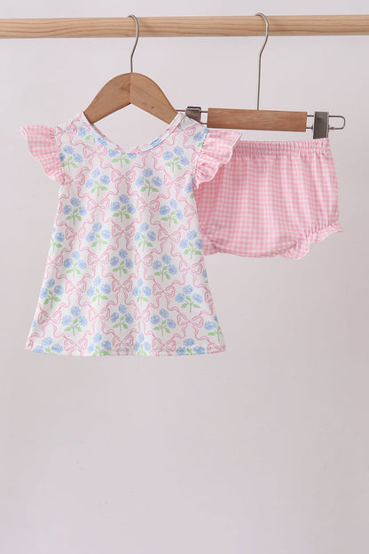 Pink hydrangea bow print ruffle bloomer set