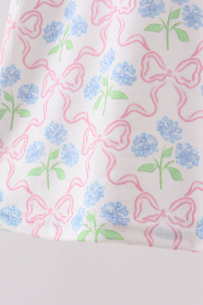 Pink hydrangea bow print ruffle bloomer set