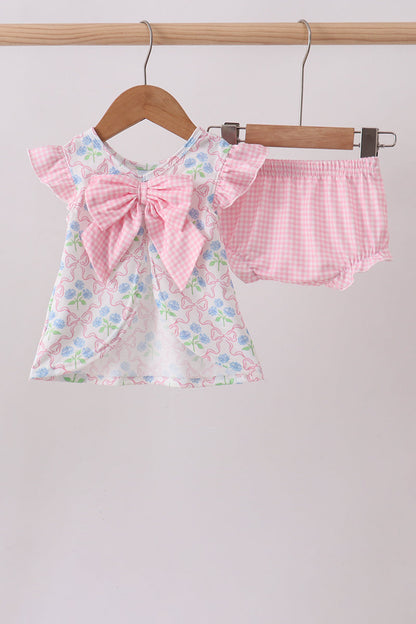 Pink hydrangea bow print ruffle bloomer set