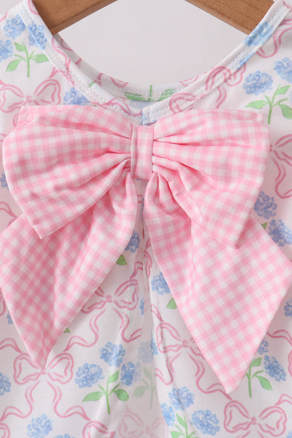 Pink hydrangea bow print ruffle bloomer set