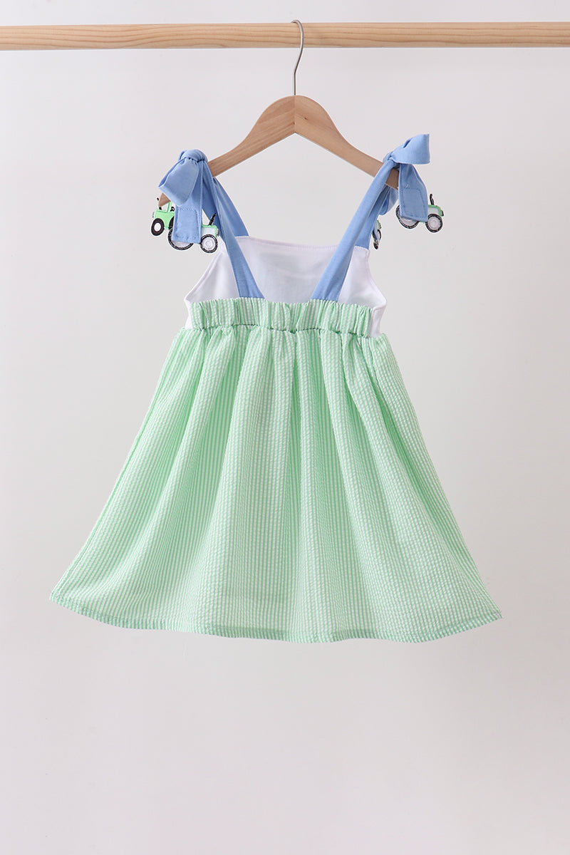 Blue Tractor Applique Seersucker Dress