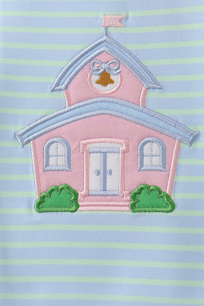 Blue Stripe Schoolhouse Appliqué Ruffle Set