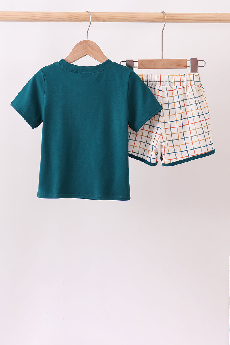 Teal Puppy Applique Plaid Set