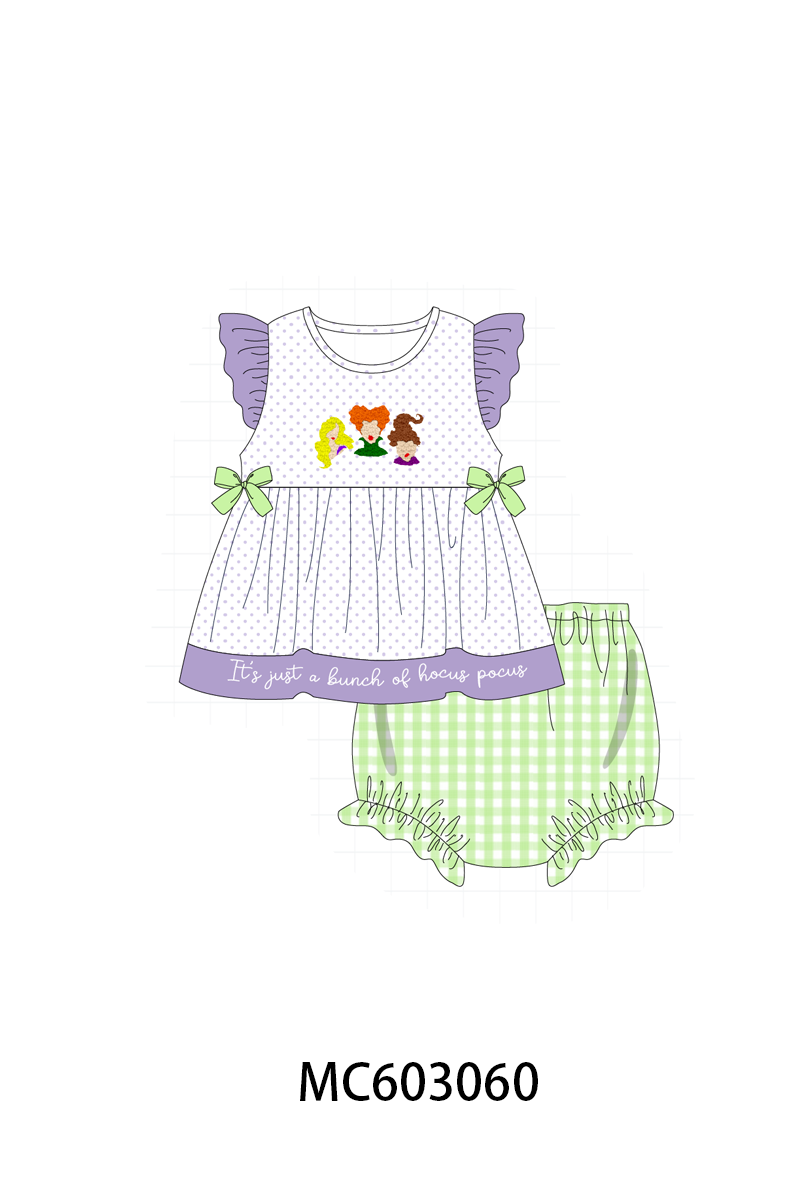 Purple Hocus pocus french knot ruffle bloomer set