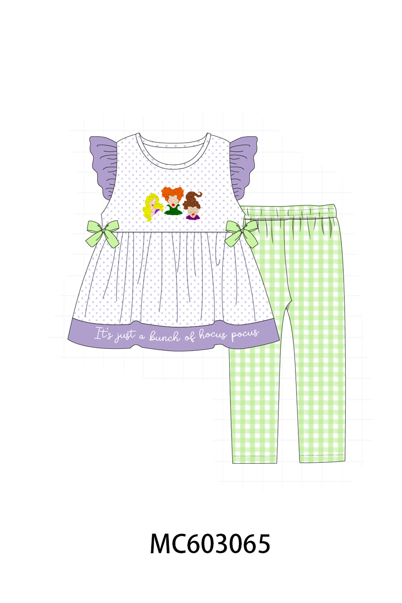 Purple Hocus pocus french knot ruffle pants set