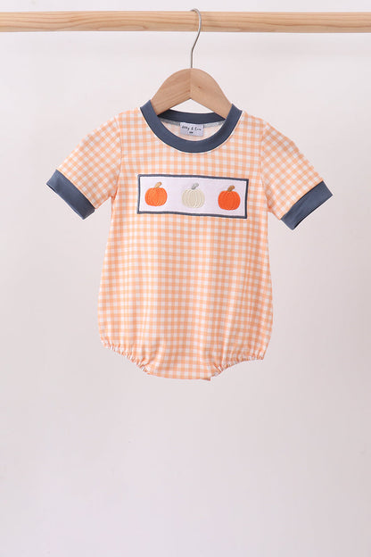 Orange Pumpkin Embroidery Gingham Bubble