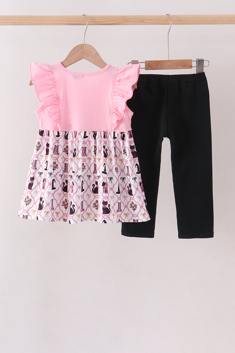 Pink Cat Embroidery Ruffle Pants Set