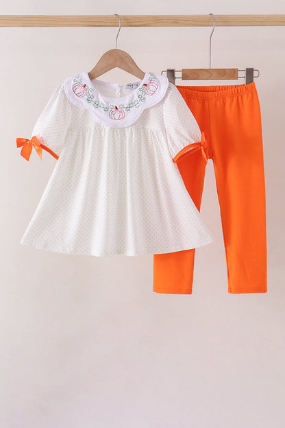 Orange Pumpkin Bow Embroidery Pants Set