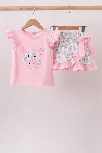 Pink Piggy Applique Ruffle Skorts Set