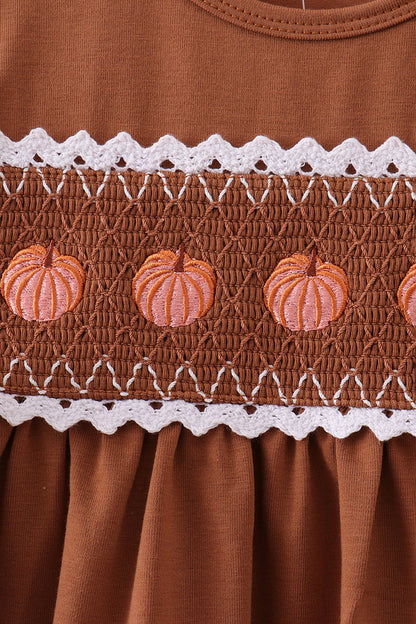 Brown Pumpkin Smocked Lace Dress