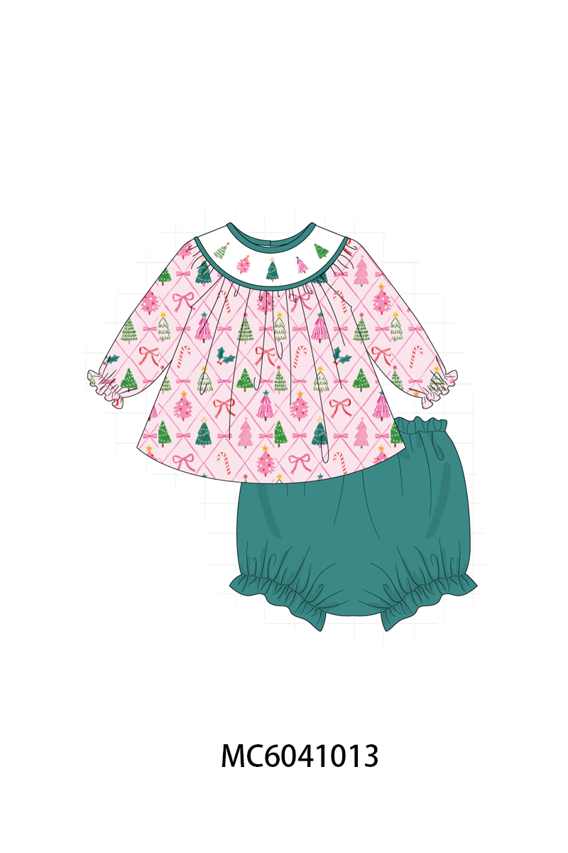 Pink Christmas Tree Embroidery Bloomer Set