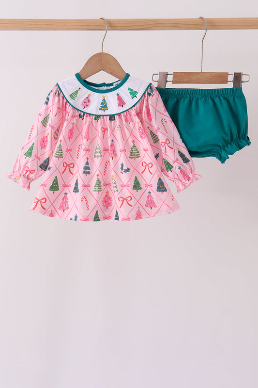 Pink Christmas Tree Embroidery Bloomer Set