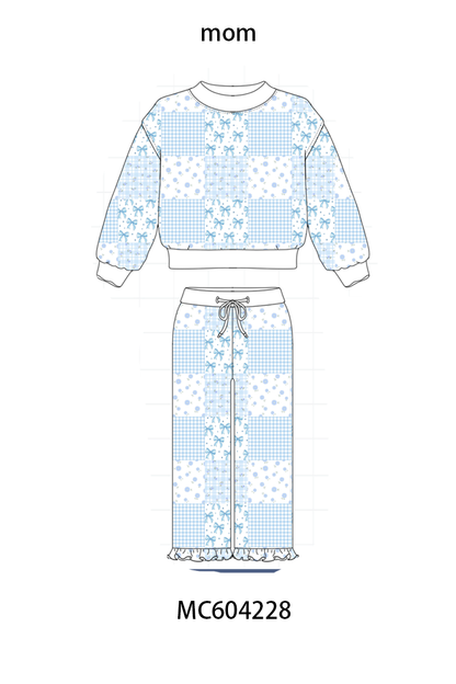 Blue floral bow checkered mom&me pants set