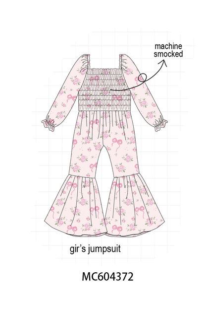Pink Floral Bow Smocked Jumpsuit