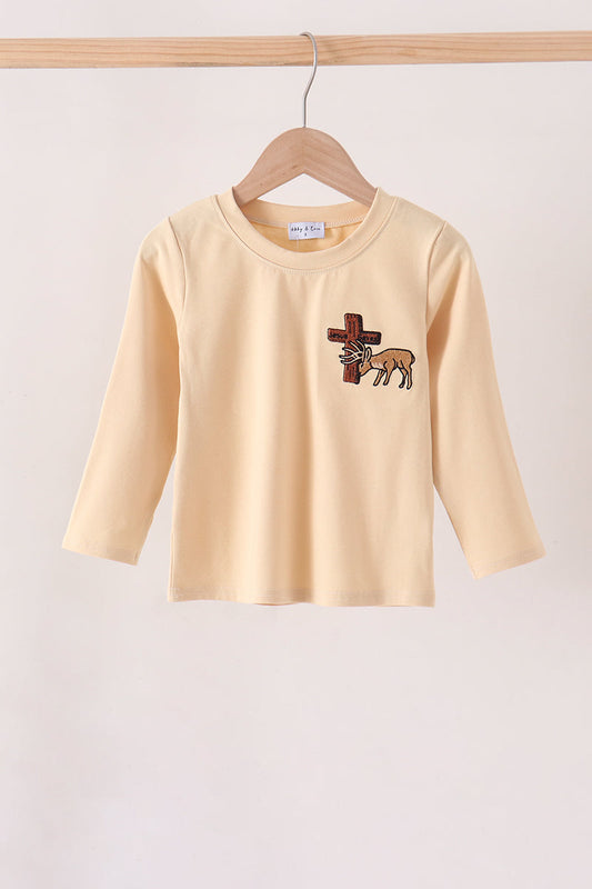 Khaki cross deer embroidery top